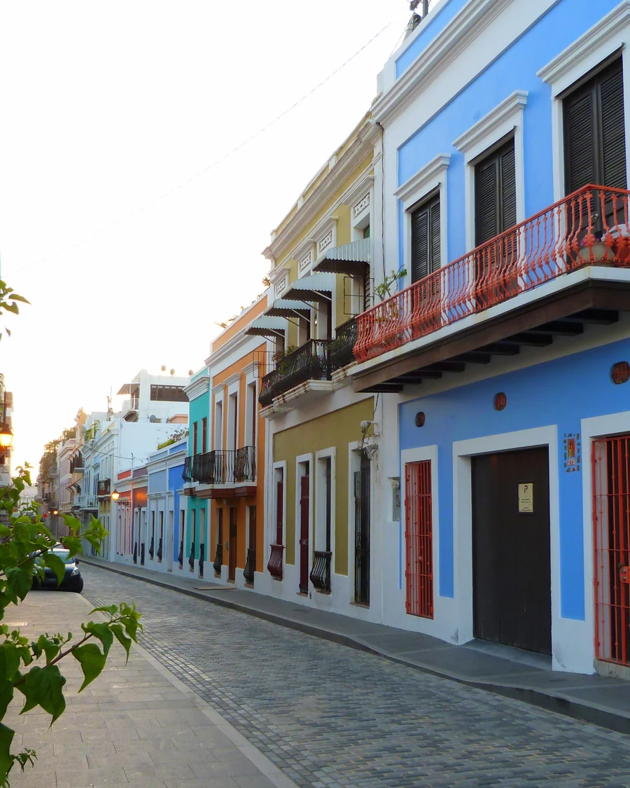 Calle de la Luna in Old San Juan, with balconies and a narrow paved street