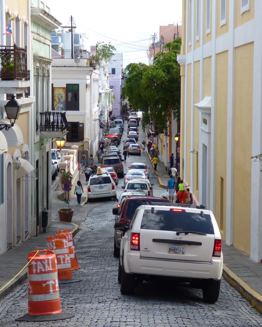 Hilly cobblestone street in Old San Juan